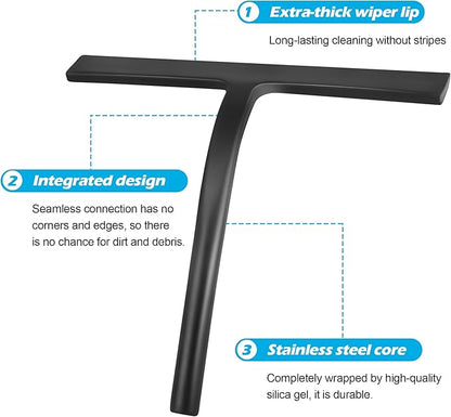 Shower Squeegee for Glass Doors, Mirror Window Tile Scrubber Cleaner with Hook Silicone (Black)