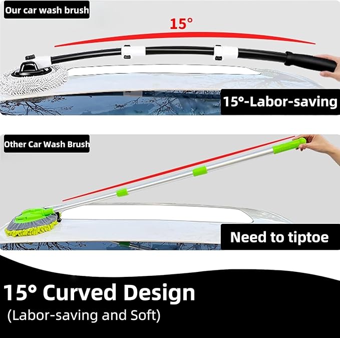 15° Curved Car Wash Brush with Long Handle 43" Microfiber Cleaning Mop Telescopic Extension Pole for Caravan RV Truck Auto SUV Wheel Boat Exterior 2 in 1 Carwash Duster Not Hurt Paint Scratch Free