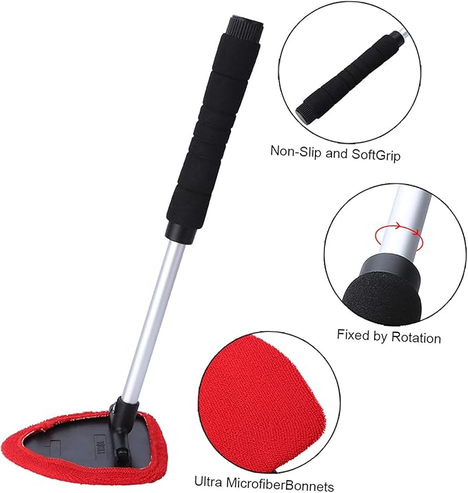 Windshield Cleaner Tool, Extendable Handle and Adjustable Triangular Shape Window Windshield Cleaner Kit, Car Windshields Washing Brush, with 2Pcs Washable and Reusable Pads