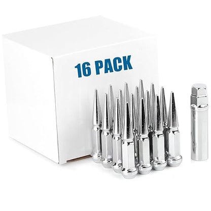 JiiinMiiin M10x1.25 Long Steel Spike Lug Nuts, Thread Pitch 10x1.25, Set of 16 ATV Wheel Nuts with A Socket. [Chrome]