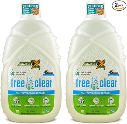 Sweat X Free & Clear Activewear Laundry Detergent – Certified Asthma & Allergy Friendly® – Hypoallergenic – Removes Toughest Stains & Odors – High-Performance Sports Wash – 45 Loads/Bottle – 2 Pack
