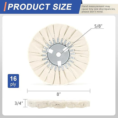 8" White Airway Buffing Wheel,5/8'' Arbor Hole,16 Plys/Fine Polishing for Angle Grinder,2PCS