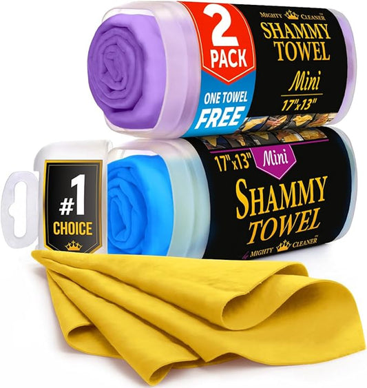 Premium 2pk Mini +1 Free Shammy Cloth for Car Drying - 17”x13” - Super Absorbent Chamois Towel for Car - Scratch-Free, Reusable & Soft Cleaning Towel