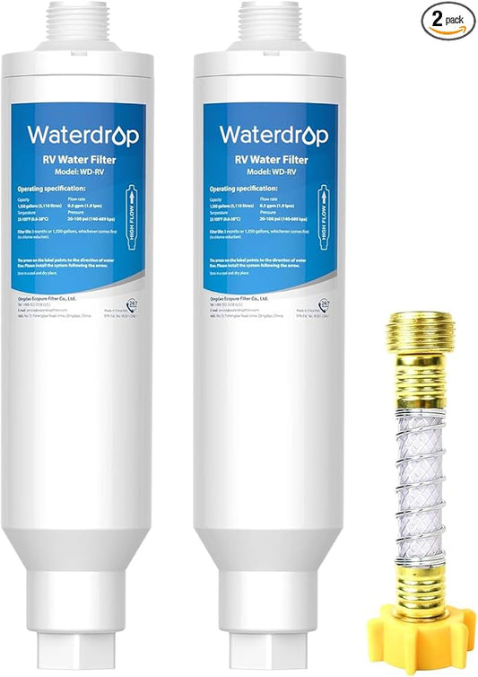 Waterdrop RV/Marine Water Filter with 1 Flexible Hose Protector, Camper Water Filter, Garden Hose Filter, NSF Certified, Greatly Reduces Chlorine, Bad Taste, Odor, 2 Pack