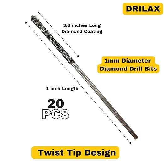 Drilax 1mm Diamond Drill Bit Set (20-Pcs) with Collet | Compatible with Dremel Rotary Tools | for Jewelry Making, Glass, Stone, Seashells & Gemstones