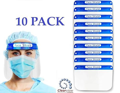 Clearview 10 pk Face Shield Reusable Washable Protective Cover Clear Mask Anti-Splash Anti-Fog Anti-Dust Soft All Day Comfort (10)