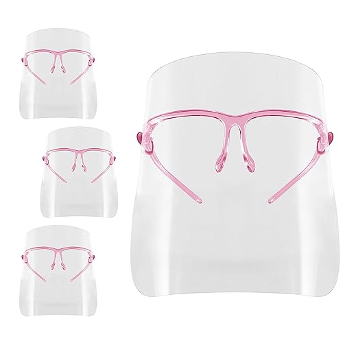 TCP Global Salon World Safety Face Shields with Pink Glasses Frames (Pack of 4) - Ultra Clear Protective Full Face Shields to Protect Eyes, Nose, Mouth - Anti-Fog PET Plastic, Goggles
