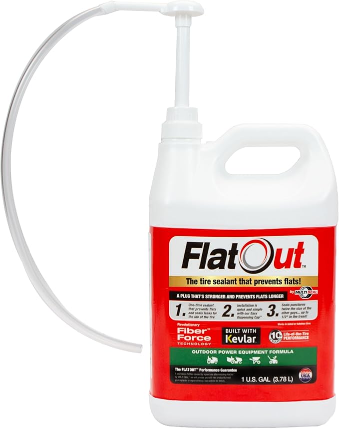 Flat Out Off Road Tire Sealant, Outdoor Power Equipment Formula with Valve Core Tool, Prevents Flat Tires, Fix a Flat Tire, Seals Leaks, Contains Kevlar, 1 Gallon