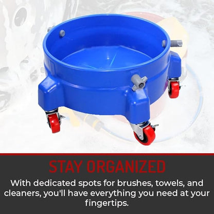Heavy Duty Car Wash Bucket Dolly with 360° Swivel Casters | Fits 3.5–7 Gallon Buckets | 300 lb Capacity | Soap Holder | Rolling Pail Stand for Auto Detailing |Red