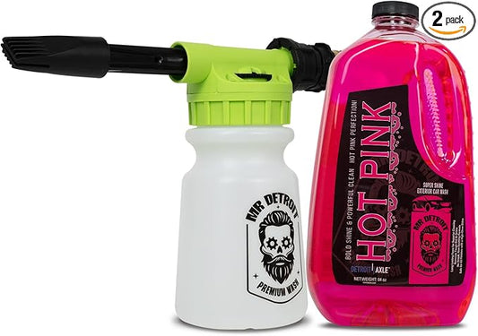 Mr. Detroit - 2pc Car Wash Kit with Foam Blaster and Car Wash Soap 64oz Container, Scratch Free Foam Cannon Soap Shampoo Streak-Free Cleaning for Auto Detailing & Home Use - 2pc