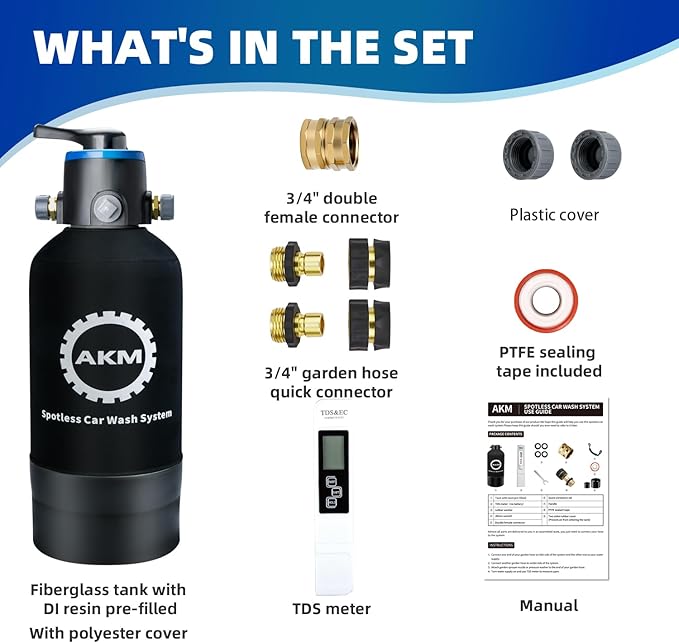 AKM Spotless Water System for car wash,Pre-Filled with DI Resin, with Bypass, DI Water System,Garden Hose Quick Connector, Deionized Water System for RV, Vehicles, Motorcycles, Bikes, Boats, No Spots