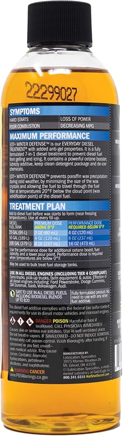 Hot Shot's Secret EDT+ Winter Defense 8oz, 7-in-1 Anti-Gel Diesel Fuel Additive – Prevents Gelling, Protects Fuel System, Diesel Additive Improves Cold Starts, Boosts Cetane