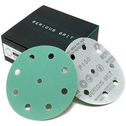 Serious Grit - 5-Inch 9-Hole 150 Grit Sanding Discs - Heavy-Duty Hook & Loop Film Discs - Sandpaper for Random Orbital Sanders - 50 Pack Box