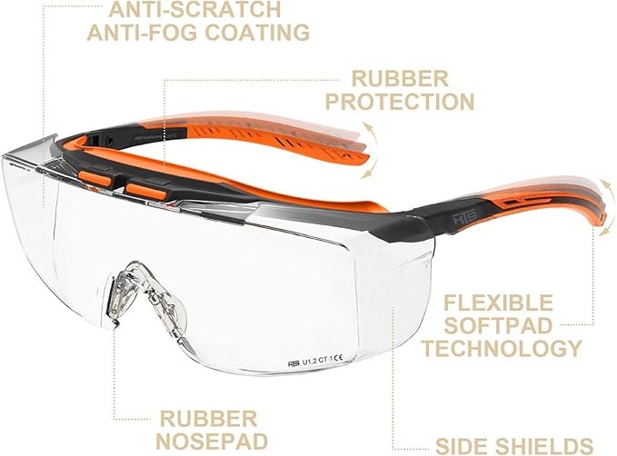 HTS HUNTERSKY HUNTERSKY ANSI Z87 Anti Fog Lab Safety Glasses Fit Over Eyeglasses Up to 1.88 inch 100% UV Protective Goggles