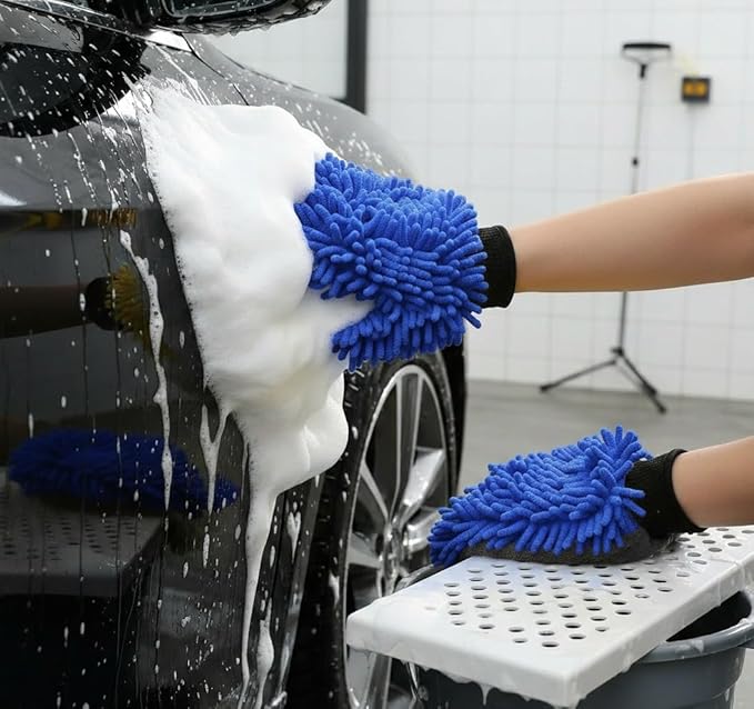 Car Wash Mitt Microfiber, 2PK-Scratch & Lint Free, Premium Chenille Microfiber Wash Mitt (Shallow Blue)