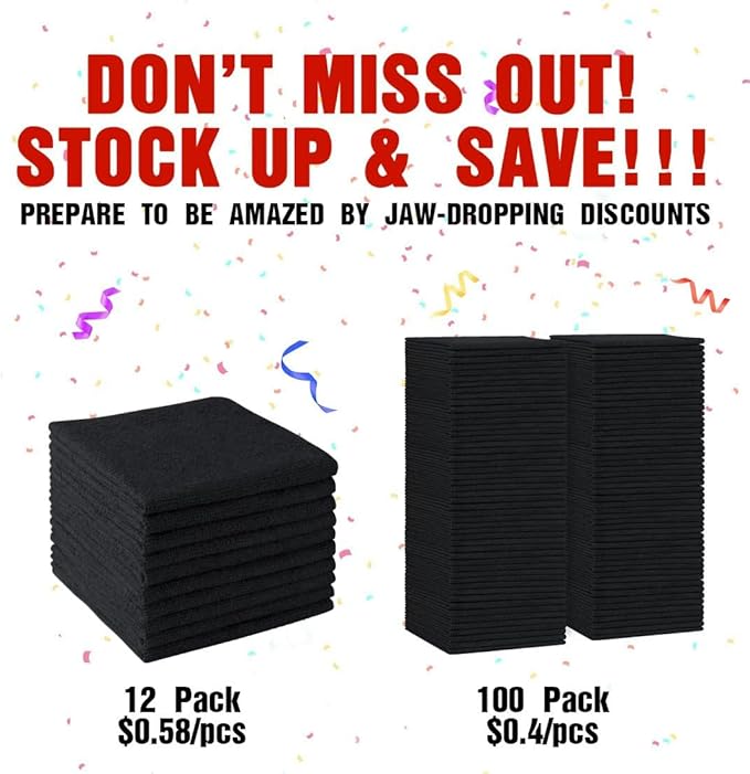 HOMEXCEL Black Microfiber Cleaning Cloths 100 Pack, Highly Absorbent, Lint & Scratch-Free Cleaning Rags for House Kitchen, White Microfiber Towels for Car 11.5 x 11.5 inch