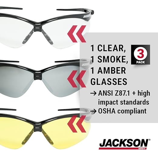 Jackson Safety SG Safety Glasses - Eye Protection for Men & Women - Anti-Scratch Lens with Black Frame - ANSI Z87.1 - Pack of 3 (Multiple Styles)