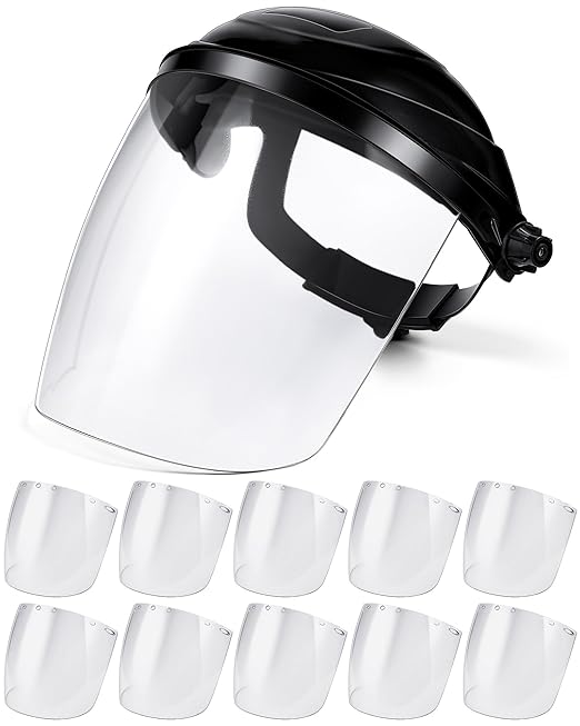 Tellegloww 11 Pcs Safety Face Shield for Grinding and Cutting, Clear Impact Resistant Visor, Full Face Shield Mask with Ratchet Headgear for Grinding, Isolation, Weed Whacking, Industrial Use (Black)