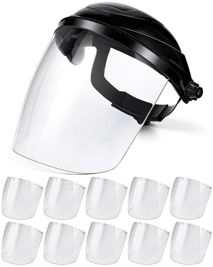 Tellegloww 11 Pcs Safety Face Shield for Grinding and Cutting, Clear Impact Resistant Visor, Full Face Shield Mask with Ratchet Headgear for Grinding, Isolation, Weed Whacking, Industrial Use (Black)