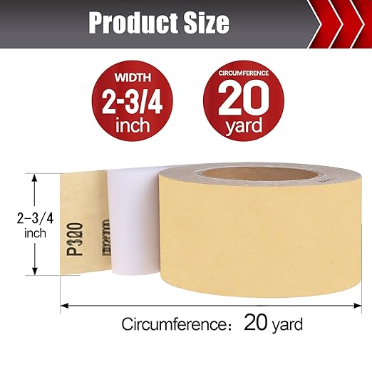 320 Grit PSA Longboard Sandpaper, 20-Yard Long Continuous Roll 2-3/4" Wide Self-Adhesive Sanding Paper for Auto Body Woodworking Metalworking