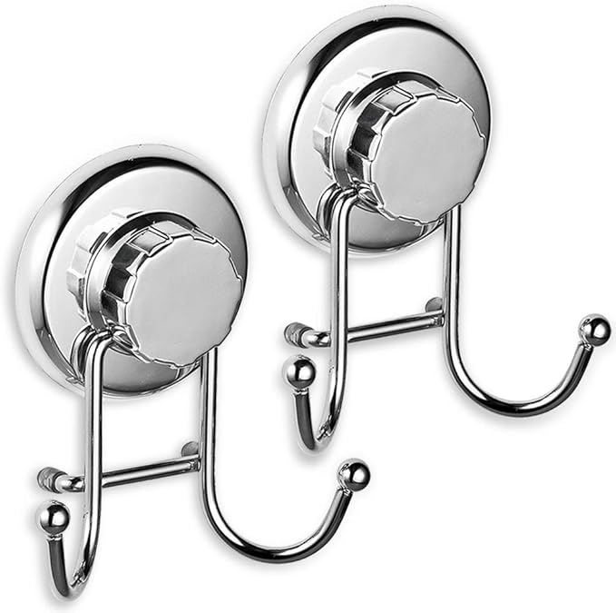 Powerful Vacuum Suction Cup Hooks - Organizer for Towel, Bathrobe and Loofah - Strong Stainless Steel Towel Hooks for Bathroom & Kitchen, Towel Hanger Storage (2 Pack)