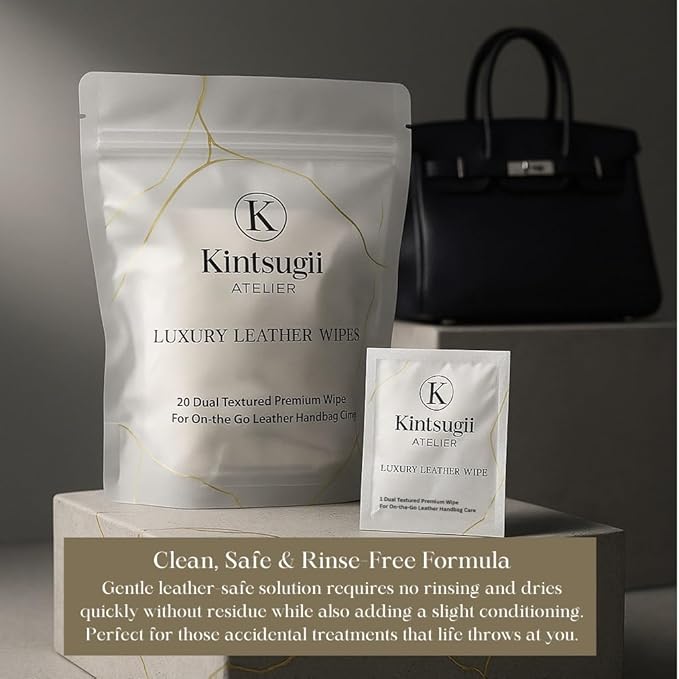 Luxury Leather Handbag Wipes – Individually Wrapped, Dual-Textured Cleaning for Purses, Shoes & Leather Goods – Safe, Non-Rinse, On-the-Go Care, 20 Count by Kintsugii Atelier