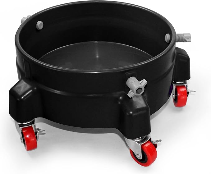 Heavy Duty Car Wash Bucket Dolly with 360° Swivel Casters | Fits 3.5–7 Gallon Buckets | 300 lb Capacity | Soap Holder | Rolling Pail Stand for Auto Detailing |Black