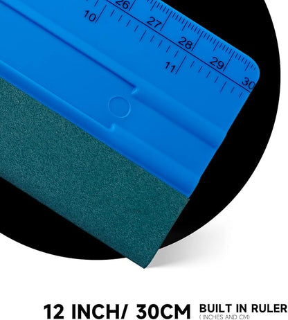 FOSHIO 12 Inch Felt Squeegee for Vinyl wtih Ruler 30CM 4 Round Corners Universal Card, Window Tint Film Installing Hard Blue PP Car Vinyl Wrap Scraper Tool