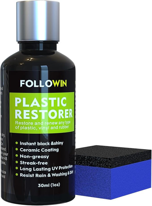 FOLLOWIN Plastic Restorer for Cars - Black Trim Restorer & Ceramic Coating, Resists Water, UV Rays, Dirt, Not a Dressing, Hydrophobic Protection, Highly Concentrated Formula,30ml