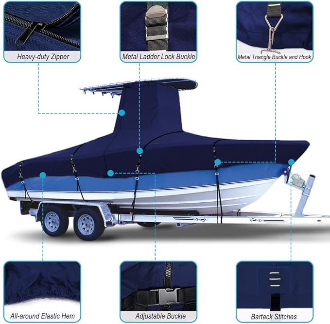 900D Marine Grade Fade and Tear Resistant Trailerable T-Top Boat Cover, Heavy-Duty Waterproof and UV-Proof T TOP Boat Storage Cover with Windproof Metal Buckle Straps Fit 22ft-24ft Long(Navy)
