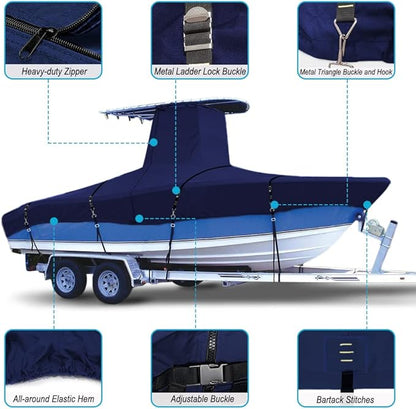 900D Marine Grade Fade and Tear Resistant Trailerable T-Top Boat Cover, Heavy-Duty Waterproof and UV-Proof T TOP Boat Storage Cover with Windproof Metal Buckle Straps Fit 22ft-24ft Long(Navy)