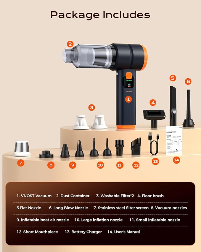 VNOST Portable Cordless Car Vacuum, Handheld Cordless Vacuum with 30,000Pa Suction, 130,000 RPM, 6,800mAh Battery, 10 Nozzles, Rubber Paint Material for Car, Home(Charcoal Black)
