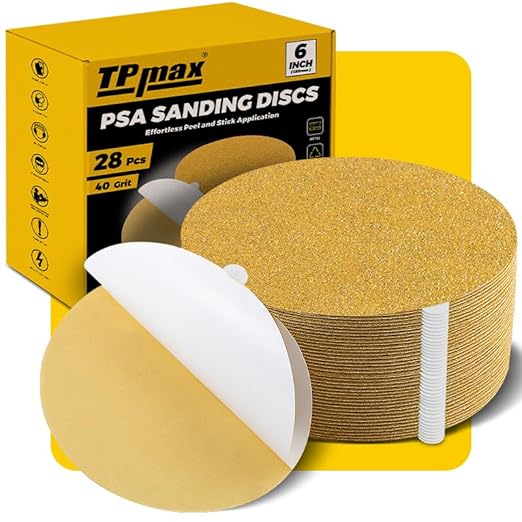 6-Inch 40-Grit Gold PSA Sanding Discs, 28 Pack – Pro-Grade Self-Adhesive Stickyback Sandpaper with Quick-Release Tabs for DA Sander, Coarse Automotive/Wood/Metal Sanding
