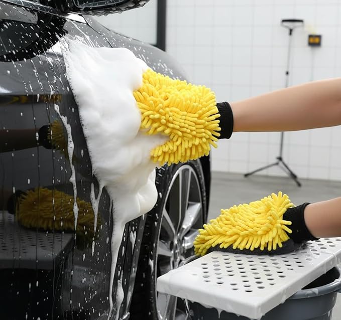 Car Wash Mitt Microfiber, 2PK-Scratch & Lint Free, Premium Chenille Microfiber Wash Mitt (Yellow)