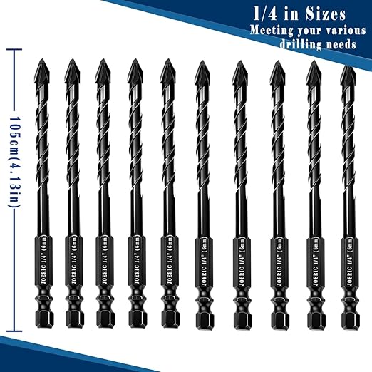 10pc 1/4” Black Ceramic Tile Drill Bit, 6mm Porcelain Drill Bit Concrete Drill Bit for Glass,Brick,Plastic,Cement,Wood,Ceramic,Metal,Marble.