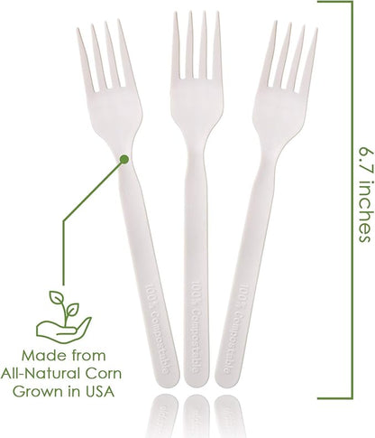 Ecovita 100% Compostable Forks - 500 Large Disposable Utensils (7 in.) Bulk Size Eco Friendly Durable and Heat Resistant Alternative to Plastic Forks with Convenient Tray