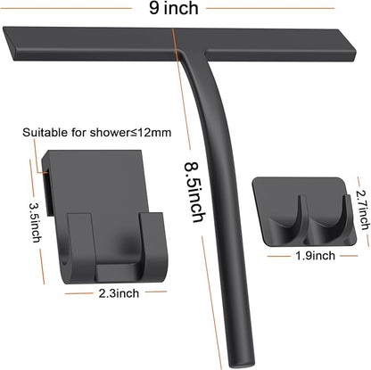 Anlynwooh All -Purpose Silicone Shower Squeegee for Shower Glass Door with Hook, Bathroom Accessories for Window Mirror Tile Car Shower Walls,Household Shower Cleaner Tool (Black, 9 inch(2hooks)