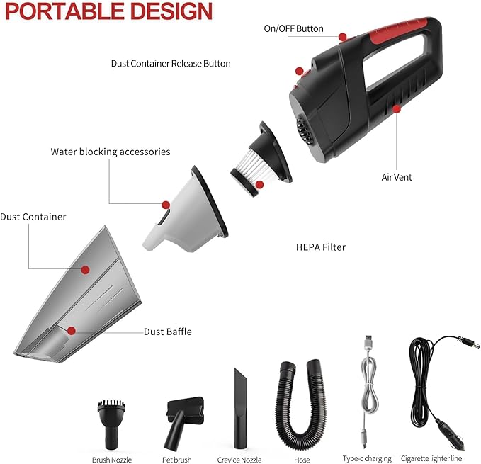 Tradetop Handheld Vacuum Cleaner, Cordless Vacuum Cleaner, 6.5KPA Super Powerful Suction Cleaner, Rechargeable Portable Hand Vacuum,with LED, HEPA Filter, for Home & Pet Hair (Black)