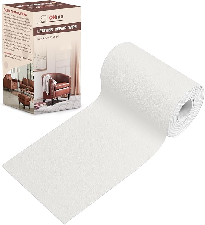 ONine Leather Repair Patch，Leather Repair Tape, 3 x 60 inches Leather Repair Patch for Furniture,Vinyl Repair kit，Leather Couch Patch，for Sofas, Furniture, car Seats(White-Litchi Grain)