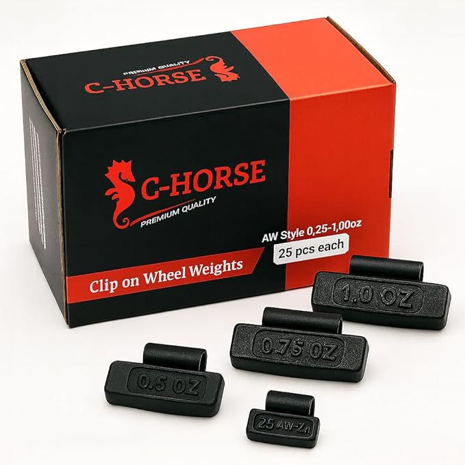 C-HORSE 400Psc Clip On Wheel Weights Black Coated Assortment - 4 Styles (AW, FN, MC, P)- Hammer Type Rim Balancers - 0.25oz, 0.5oz, 0.75oz, 1.0oz - 100Pcs for Each Style, Fits Steel & Aluminum Wheels