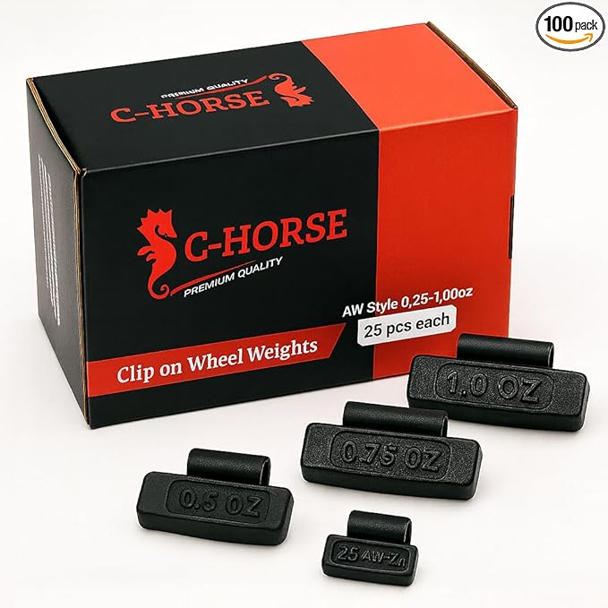 C-HORSE 100Pcs AW Series Clip on Wheel Weights Black Coated Assortment for Hammer Type Rim Balancers, 0.25oz, 0.50oz, 0.75oz, 1.0oz, 25pcs for Each Size Fit for Steel Wheel (AW Style, 0.25-1)
