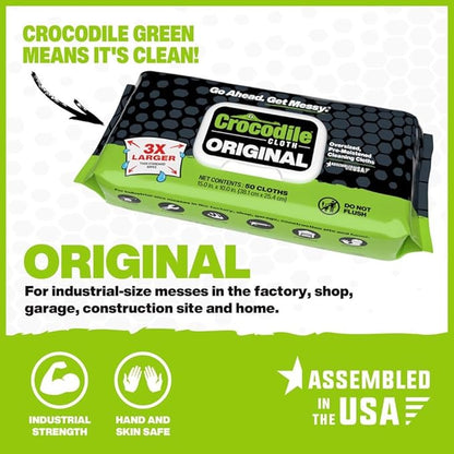 Crocodile Cloth Original Cleaning Wipes – 50 (15” x 10”) Hand & Tool Industrial Cleaning Wipes – Large Multi-Surface Cleaning Cloths, Water-Based Solution with Extreme Cleaning Power — Safe on Skin