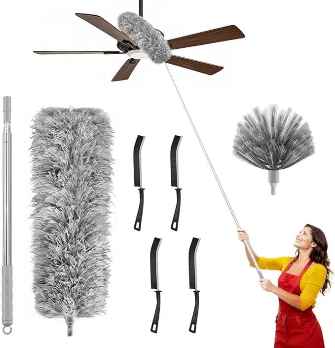 7-in-1 100-Inch Duster Kit with Extension Pole – Cobweb/Microfiber Dusters & Gap Cleaners for High Ceilings, Fans