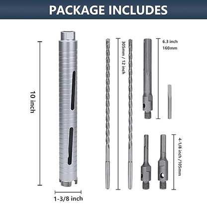 1-3/8 inch Diamond Dry Core Drill Bit, 10" Drilling Depth, 5/8"-11 Thread Core Drill Bit for Concrete Masonry Brick Block, Includes 3 Adapters SDS Plus, SDS Max and Hex (1-3/8 inch)