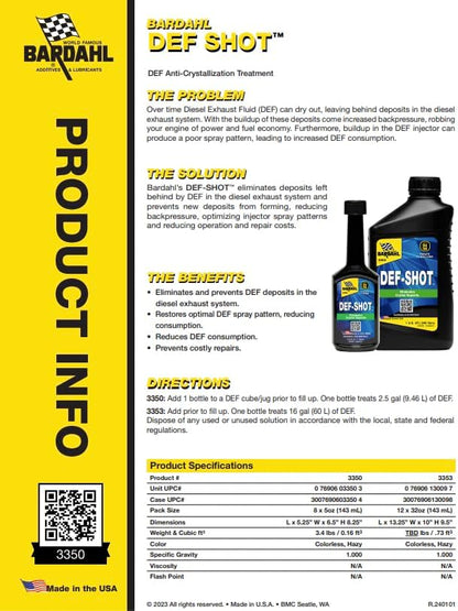 Bardahl 3353 DEF-Shot - The Ultimate DEF Cleaner and Anti-Crystallization Diesel Additive Reducing DEF Consumption - 32oz (Pack of 12)