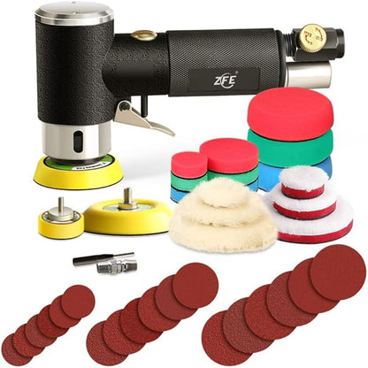 ZFE 1/2/3 Inch Random Orbital Air Sander, Mini Pneumatic Sander for Auto Body Work, High Speed Air Powered Polisher with 15 Polishing Buffing Pads,18 Sandpapers