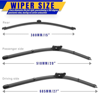 3 wipers Replacement for Audi Q7 2016-2023 Audi SQ7 2017-2023, Windshield Wiper Blades Original Equipment Replacement - 27"/20"/15" (Set of 3) Top Lock
