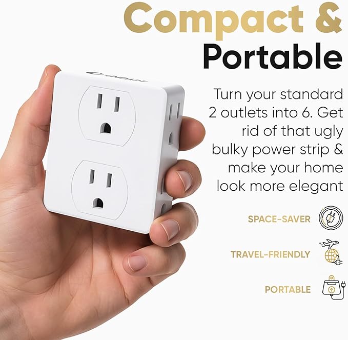 Multi Plug Outlet Splitter, Unidapt Multiple Outlets Extender Adapter with 6 AC Power Socket, Side Splitter Box, Wall Tap Plug Expander for Home Hotel Office Dorm Essentials 1-Pack, White