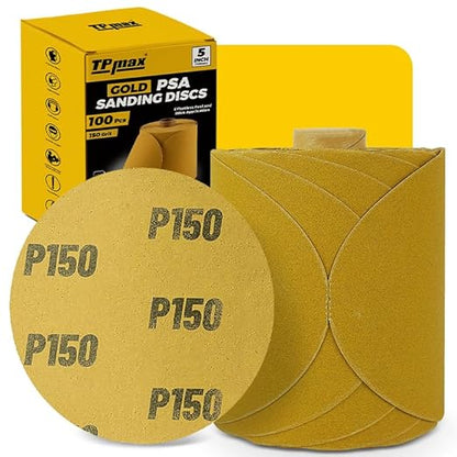 100PCS 5 Inch PSA Sanding Discs 150 Grit | Self-Adhesive Sandpaper Roll for DA Sanders, Orbital Sander | Gold Aluminum Oxide Sticky Back Abrasive Discs for Automotive, Woodworking, and Metal Polishing