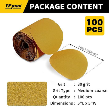 100PCS 5 Inch PSA Sanding Discs 80 Grit | Self-Adhesive Sandpaper Roll for DA Sanders, Orbital Sander | Gold Aluminum Oxide Sticky Back Abrasive Discs for Automotive, Woodworking, and Metal Polishing